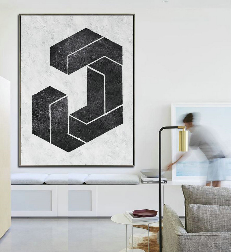 Hand Paint Large Art,Black And White Minimal Painting On Canvas,Family Wall Decor #S4Q1